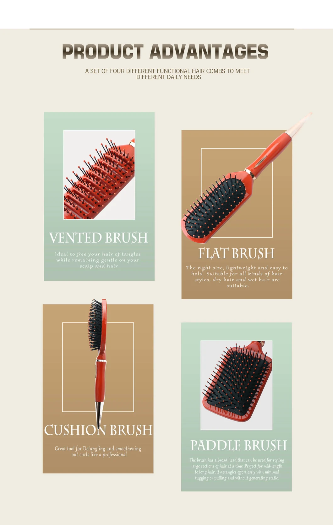 4PCS Classic Orange Home Salon Plastic Travel Hair Brush Styling Set Detangling Massage Comb Hair Brush Gift Set for Women