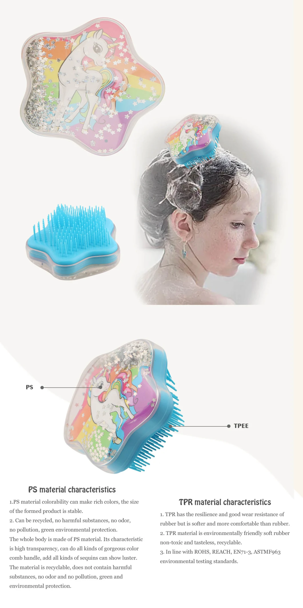 Customized Hot Sale Latest Plastic Star Shape Unicom Detangling Hair Brush Comb Hair Styling Tools for Wet or Dry Hair